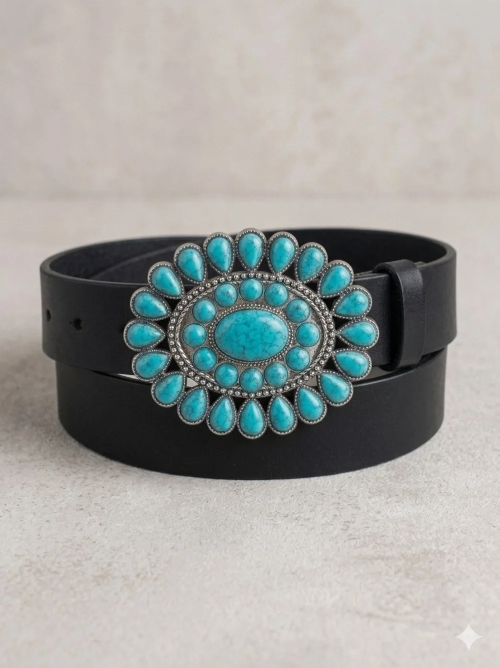 Turquoise Concho Oval Belt - Black suede like material L/XL 41.5 “